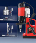 Powerful Magnetic Drill Press Kit With 1400W Corded Motor, showing max cutting depth and diameter specs for precise drilling.