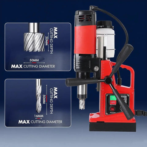 Powerful Magnetic Drill Press Kit With 1400W Corded Motor, showing max cutting depth and diameter specs for precise drilling.