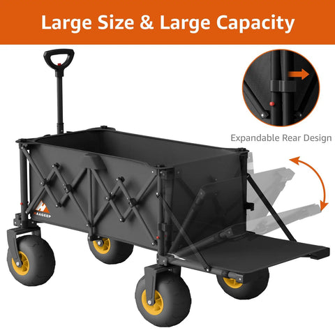 All Terrain Beach Wagon With 10 Inch Inflatable Wheels For Sand And Grass Collapsible Foldable Wagon Cart showcasing expandable rear design
