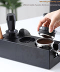 Top Notch Espresso Tamper Base With Distribution Tool For 51mm 53mm And 58mm Portafilters Barista Station Kit used for espresso preparation.