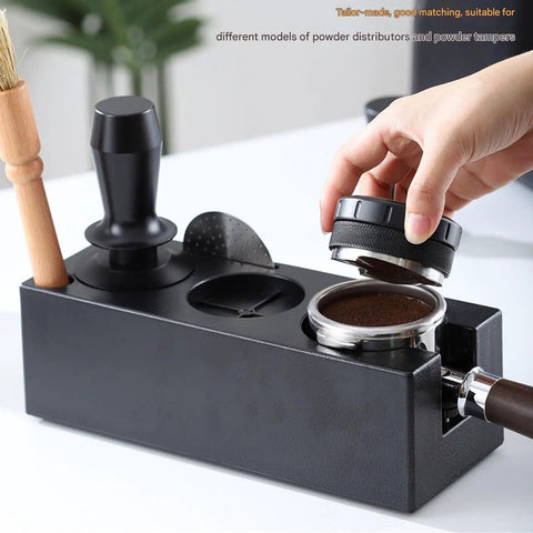 Top Notch Espresso Tamper Base With Distribution Tool For 51mm 53mm And 58mm Portafilters Barista Station Kit used for espresso preparation.