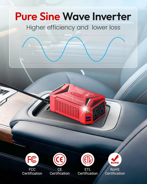 300W Pure Sine Wave Power Inverter For Road Trips, DC To AC 12V Converter on console, dual USB ports for charging.