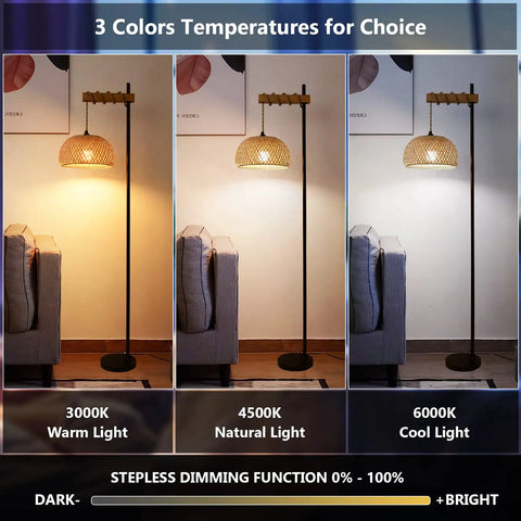 Boho Floor Lamp With Remote For Living Room And Bedroom, Farmhouse Dimmable Rattan Standing Lamp With Bamboo Lampshade, Wood Black Tall Lamp, App Control And Smart Bulb Included, 9W LED, Cozy Warm Glow
