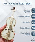 Miniature violin made from Baltic birch plywood; natural wood finish, held in hand