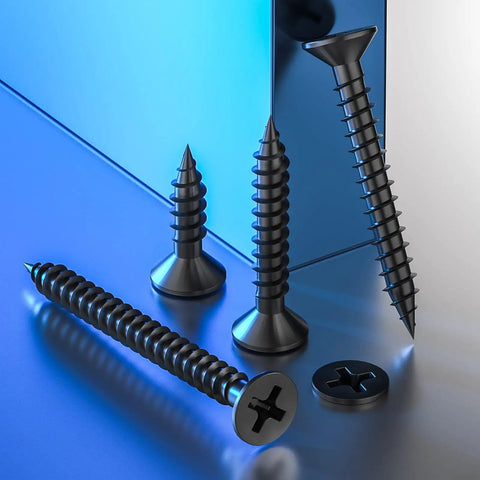 Heavy Duty Black Oxide Flat Head Wood Screws 8x5/8 Inch Self Tapping Quick Metal displayed on a reflective blue surface