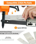 Ultra Lightweight Pneumatic Pin Nailer For Custom Woodworking, showing compatible 23GA pin nails and loading feature.