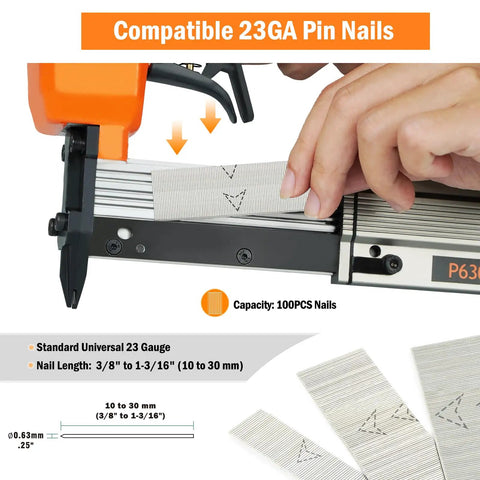Ultra Lightweight Pneumatic Pin Nailer For Custom Woodworking, showing compatible 23GA pin nails and loading feature.