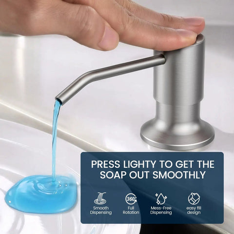 Sharp 8 Inch Two Handle Pull Down Kitchen Faucet With Integrated Soap Dispenser Sleek Brushed Nickel Finish pouring blue soap