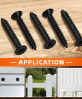 Flat Head Wood Screws Built Tough As Nails From Corrosion Resistant 304 Stainless Steel With Sleek Black Finish 50 Piece Pack Of One Inch Fasteners on wood surface, for outdoor and furniture use.