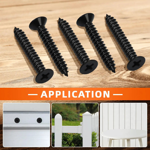 Flat Head Wood Screws Built Tough As Nails From Corrosion Resistant 304 Stainless Steel With Sleek Black Finish 50 Piece Pack Of One Inch Fasteners on wood surface, for outdoor and furniture use.