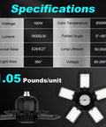 Deformable LED Garage Light With Six Adjustable Panels, specifications including wattage, lumens, and lifespan details shown.