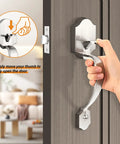 Camelot Trim Front Entry Handleset With Lower Half Grip Wave Lever And Passage Lock Brushed Nickel Finish Keyless Door Locks No Fuss Install For Interior And Exterior Doors shown with hand turning handle on wooden door