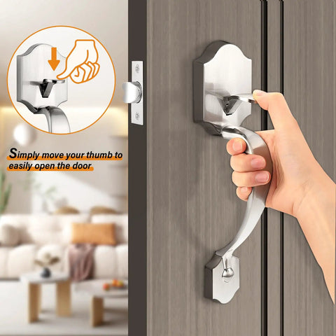 Camelot Trim Front Entry Handleset With Lower Half Grip Wave Lever And Passage Lock Brushed Nickel Finish Keyless Door Locks No Fuss Install For Interior And Exterior Doors shown with hand turning handle on wooden door
