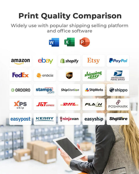 Print quality comparison of shipping labels with logos of popular platforms and office software, Genuine 4x6 Direct Thermal Shipping Labels.