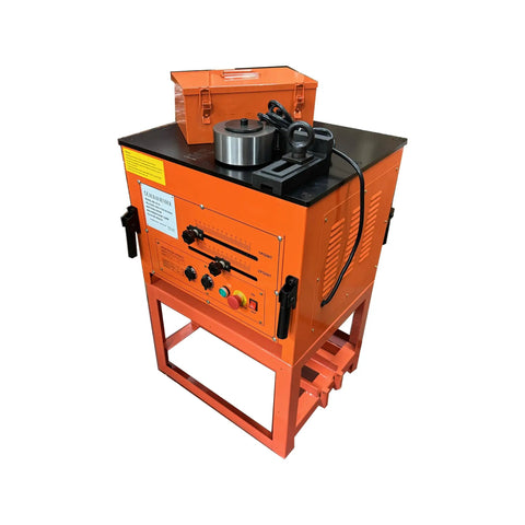 Heavy Duty Electric Rebar Bender For #10 1.25 Inch Grade 60 Steel And Round Bars Portable Job Site Tool With Stand viewed from the side.