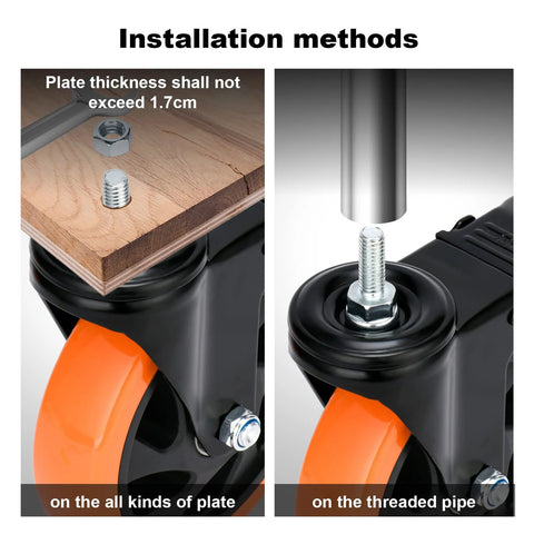 Installation methods for 5-Inch Stem Caster Wheels With Brakes, Dual Locking Swivel Casters, 1500 Lbs Capacity, M12-1.75x25mm.