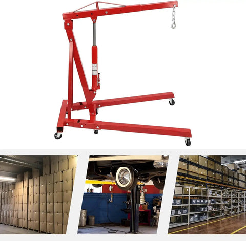 Heavy Duty Folding Hydraulic Engine Hoist With Six Swivel Casters Built Tough Carbon Steel Frame in workshop setting.