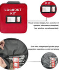 Front view of red lockout kit with visible window pockets containing lockout tagout tools and labels.