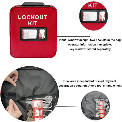 Front view of red lockout kit with visible window pockets containing lockout tagout tools and labels.