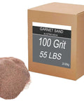 Garnet sand blasting media, 100 grit, 55 lbs, box with pile of garnet sand in foreground
