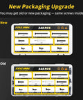 Comparison of new and old packaging for Wood Screws Assortment Kit with 240 Heavy Duty Flat Head Wood Screws And Phillips Drive.