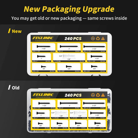 Comparison of new and old packaging for Wood Screws Assortment Kit with 240 Heavy Duty Flat Head Wood Screws And Phillips Drive.
