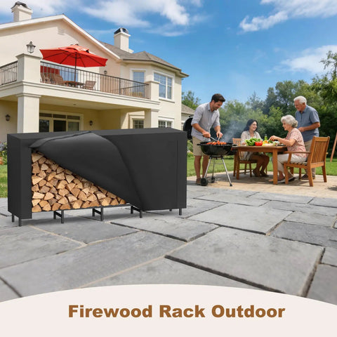 Outdoor Firewood Rack With Weatherproof Cover Heavy Duty Metal Wood Storage Stand for Fireplace in backyard setting