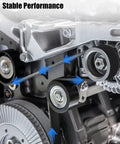 Premium Heavy Duty Serpentine Drive Belt Compatible With Dodge Ford Mazda Jeep Mitsubishi Engines shown in engine compartment.