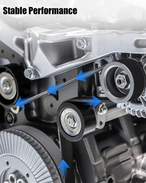 Premium Heavy Duty Serpentine Drive Belt Compatible With Dodge Ford Mazda Jeep Mitsubishi Engines shown in engine compartment.