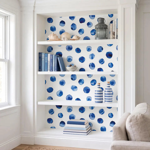 Super Sleek Blue And White Polka Dot Peel And Stick Wallpaper For Kids Rooms And Nurseries Zero Mess Peel And Apply Removable Self Adhesive Vinyl Watercolor Accent Wall Decor Refresh in bookshelf.