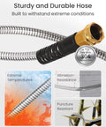 Five Foot Short Garden Hose With Dual Female Ends And Brass Double Male Adapter shown in stainless steel, weather-resistant