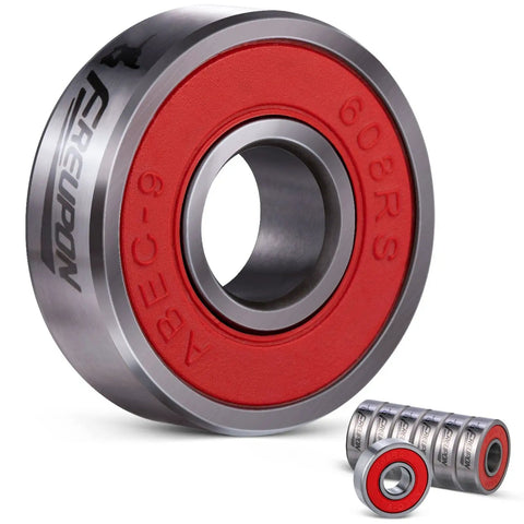 Skateboard Bearings Set Eight Pack High Speed 608RS ABEC9 Longboard Bearings for Scooter Wheels. Red and chrome bearing.