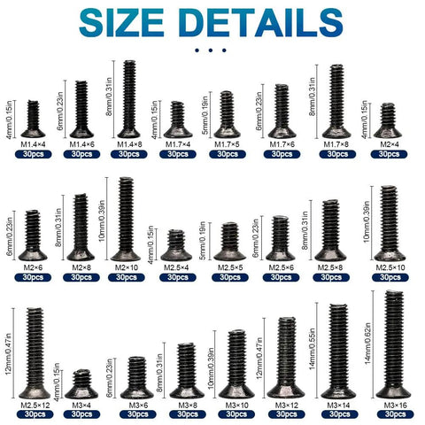 Image showing size details of 720 Piece Laptop Screw Kit Carbon Steel Phillips Flat Head Assortment with various screws.