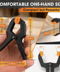 36 Pack Balloon Arch Clips With Heavy Duty Spring Clamps For Party Decor Durable 3.4 Inch Backdrop Clips Reusable Balloon Holder Grips For Archways Photo Backdrops And Epic Event Setups, black and orange clamp size view