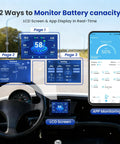 Badass 36V 100Ah Lithium Golf Cart Battery With Smart Bluetooth App Tracking And Rock Hard 200A Bms Lcd Screen Durable Steel Case 6000 Cycles Includes 25A Fast Charger display showing battery statistics on an LCD screen and mobile app.