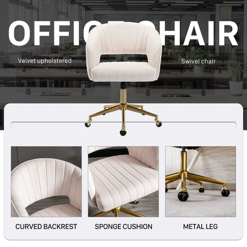 Velvet Home Office Chair With Gold Base, Swivel Desk Chair for Living Room or Vanity, tufted backrest and gold legs