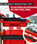 Packout Rail Mount For Milwaukee System installed on red toolbox, showing side mount tool rail with Packout mounting feet.