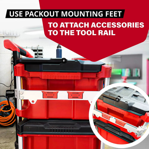 Packout Rail Mount For Milwaukee System installed on red toolbox, showing side mount tool rail with Packout mounting feet.