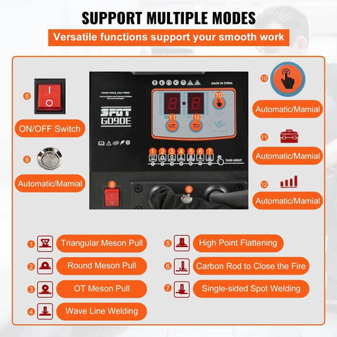 Pro Grade Dent Puller Welder Kit For Auto Body Repair with control panel showing multiple functions and modes.