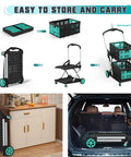Heavy Duty Foldable Grocery Cart With 2 Storage Crates, 350 Lb Capacity, shown folded in living room and car trunk