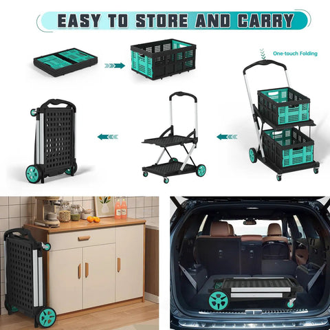 Heavy Duty Foldable Grocery Cart With 2 Storage Crates, 350 Lb Capacity, shown folded in living room and car trunk