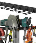 Heavy Duty Garage Tool Organizer Wall Mount 11 Piece Set With 8 Heavy Hooks holding shovels and power tools
