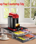 Two Tier Coffee Pod Drawer Organizer For Office And Kitchen, 72 Pod Capacity, Compatible With Dolce Gusto under a coffee machine