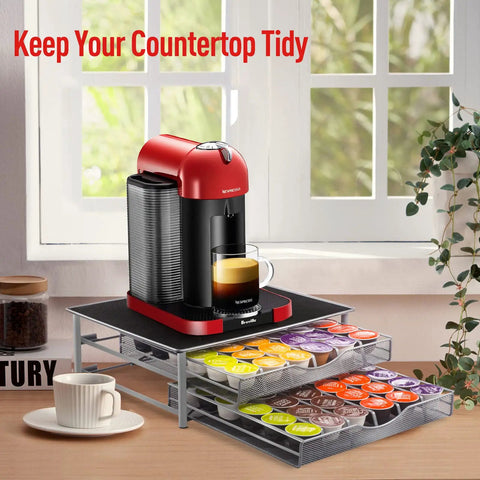 Two Tier Coffee Pod Drawer Organizer For Office And Kitchen, 72 Pod Capacity, Compatible With Dolce Gusto under a coffee machine