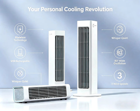 2-In-1 Bladeless Portable Fan And Air Cooler For Home And Office, Rechargeable Desktop Tower shown vertically and horizontally