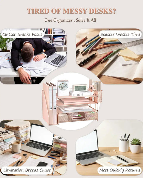 Rose Gold 4 Tier Desk File Organizer With 4 Letter Trays Vertical File Holder Sliding Drawer And 2 Pen Holders for tidy workspace