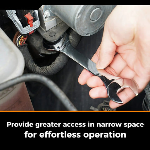 Person using Ultra Thin Open End Wrench Set, SAE 6-Piece in 3/8 to 1-1/16 inch range, carbon steel, mirror chrome finish.