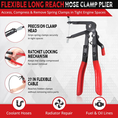 Flexible long-reach pliers from six piece hose clamp pliers set with 27 inch long reach for deep engine bay access and repair tasks
