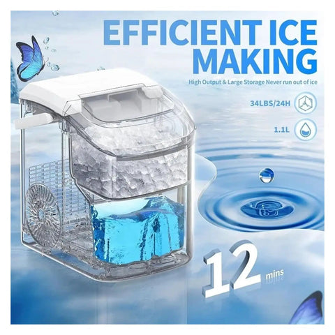 Hella Portable Countertop Ice Maker Churns Soft Chewable Pebble Ice Up To 34 Lbs A Day Comes With Scoop For Easy Serving And Refilling Sleek kitchen appliance with ice compartment and water indicator.