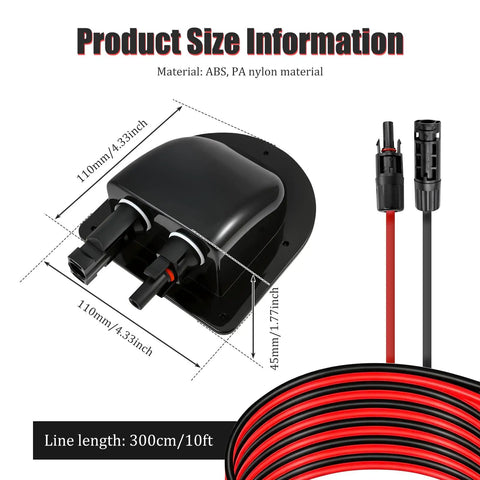 Solar Cable Entry Gland With 10ft 10AWG Extension Cable And MC-4 Connectors, technical dimensions and material details shown